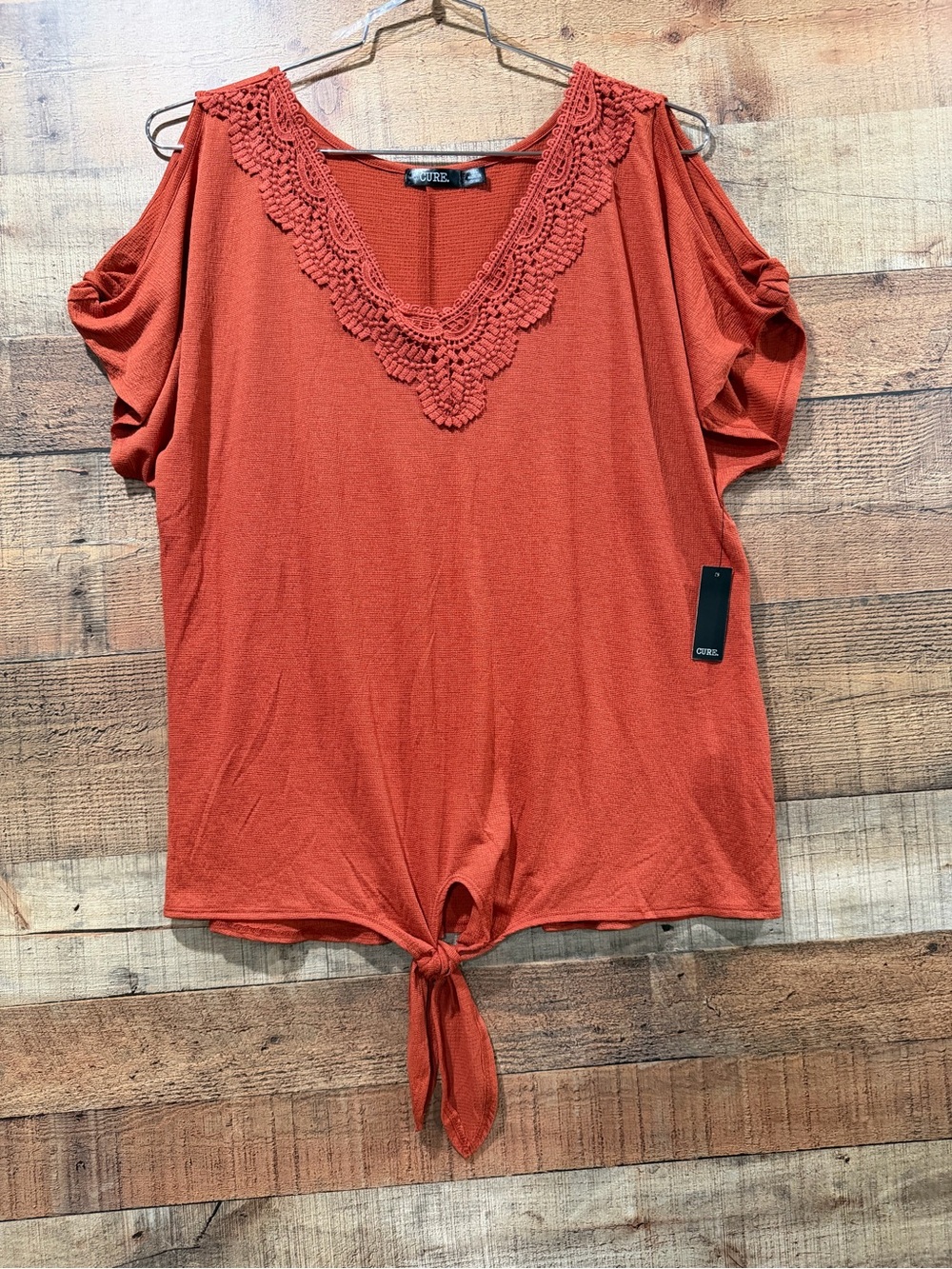 New With Tags Crochet V-Neck Tie-Front Top in Terra Cotta Orange by Cure. Sz 1X